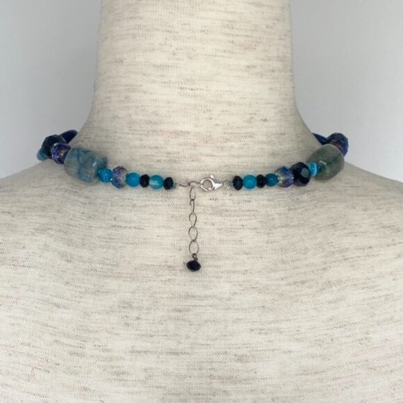 Sterling Silver 925 Blue Dyed Banded Agate & Chrysocolla Quartz Beaded Necklace - Picture 5 of 16